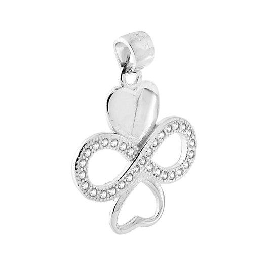 Ciondolo con Accessori a forma di Cuori, uno Plain ed uno Vuoto, con Accessorio centrale a forma di Infinito con Zirconi Bianchi.
