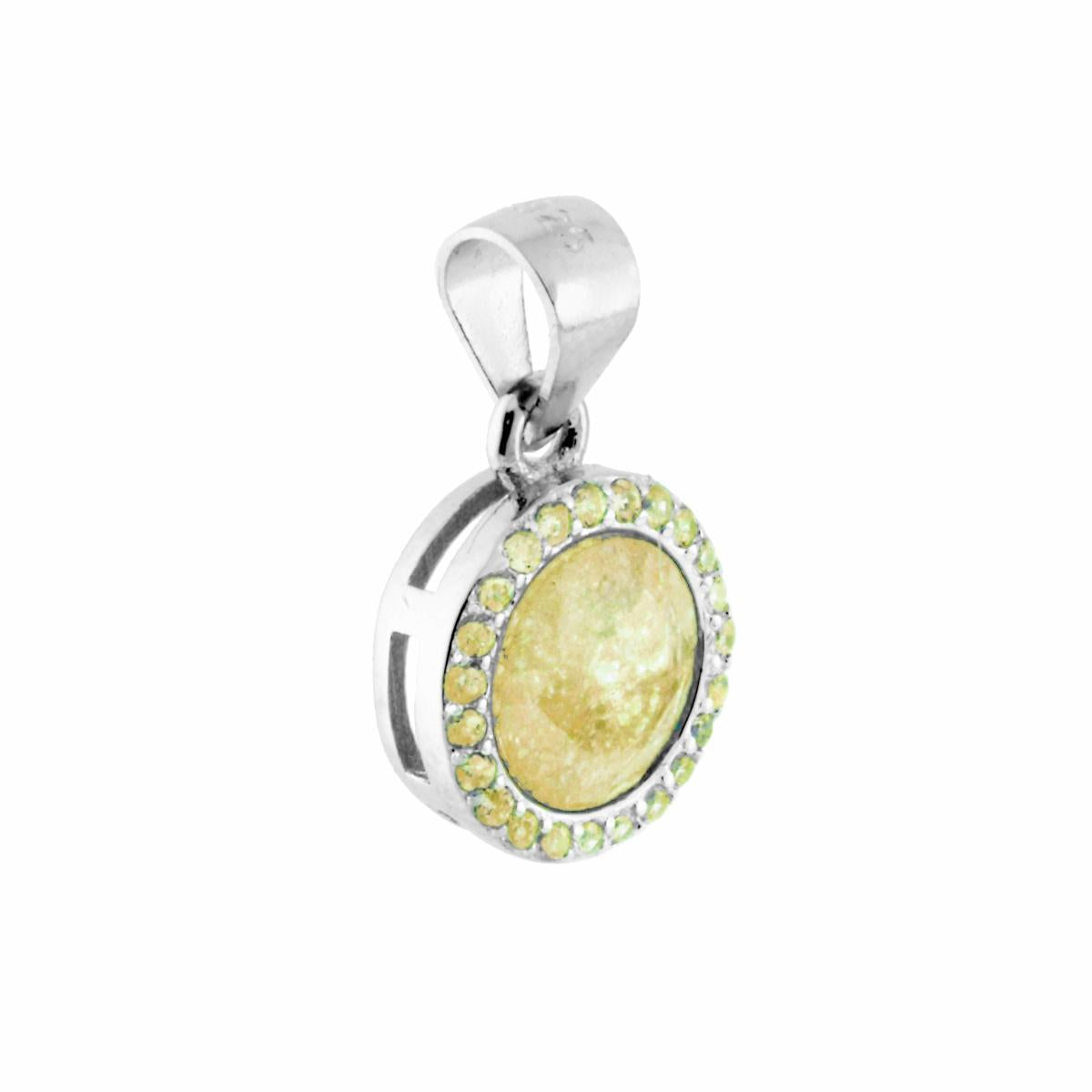 Ciondolo a forma Tonda con Pietra Scoppiata Giallo circondata da Zirconi Gialli.