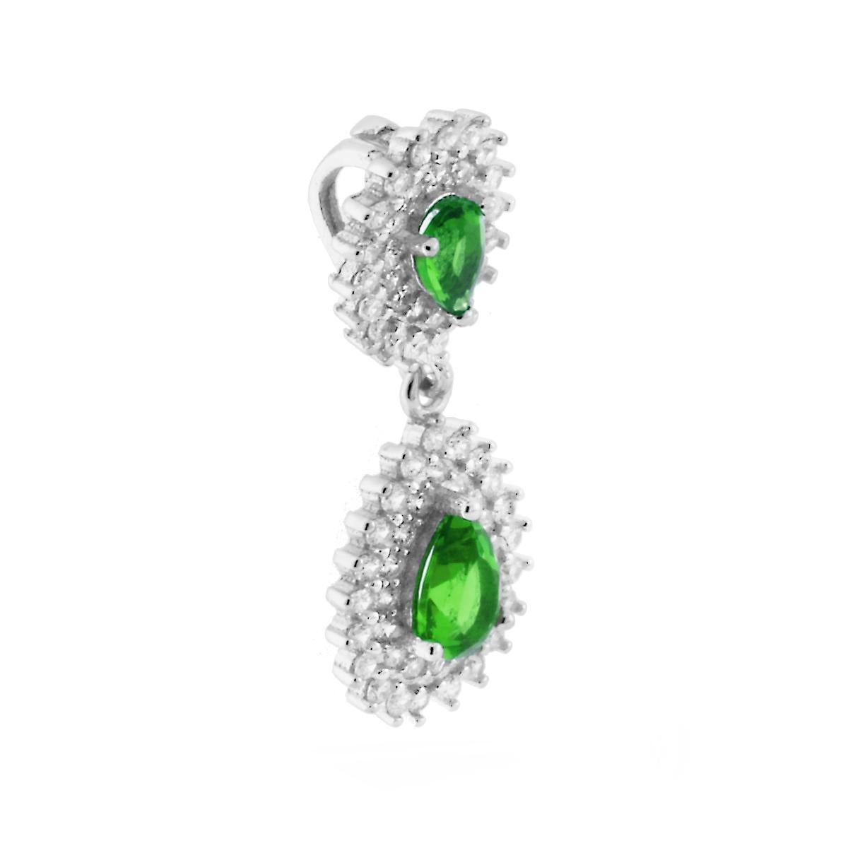 Ciondolo Pendente a Goccia con Due Zirconi Smeraldo Contornati da Zirconi Bianchi.