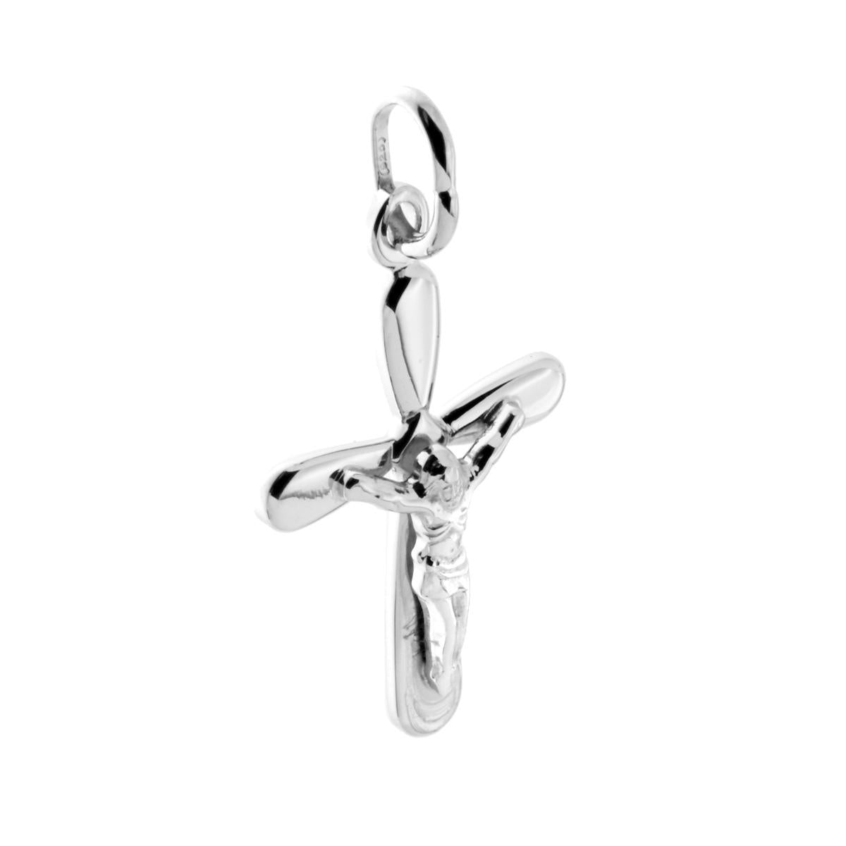 Ciondolo a forma di Croce Latina con Cristo e lavorazione laser.<BR>Made in Italy