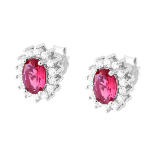 Orecchini con Zircone Ovale Rosso Rubino contornato con Zirconi Bianchi in ARGENTO 925 Galvanica Rodio