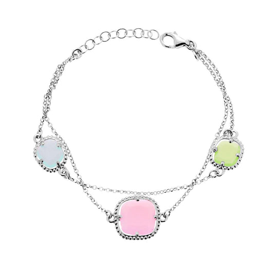 Bracciale Due Fili Catena Rolo Diamantata con Pietre Quadrate Multicolor in ARGENTO 925 Galvanica Rodio