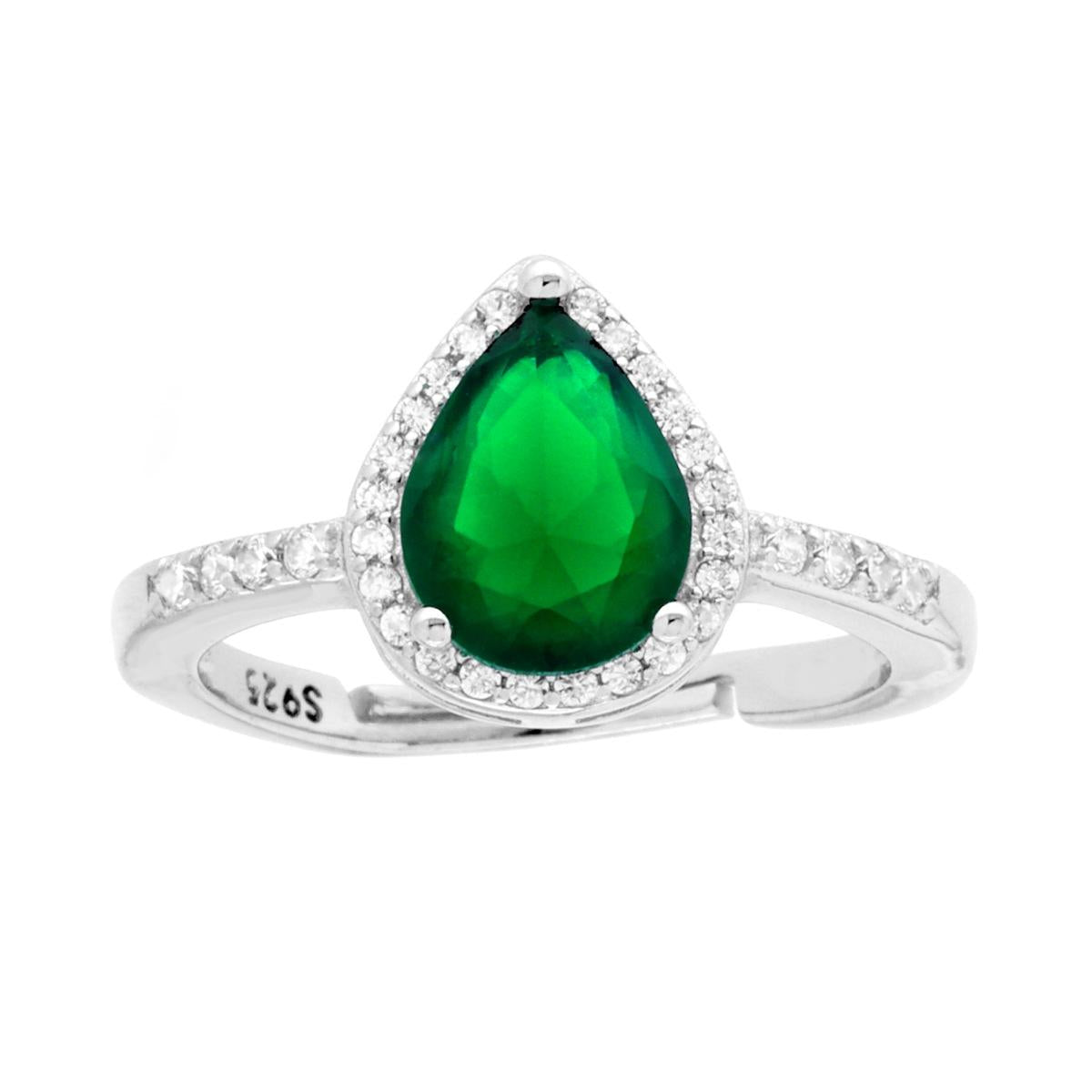 Anello Halo Solitario con Zircone a Goccia Verde Smeraldo contornato con Zirconi Bianchi in ARGENTO 925 Galvanica Rodio