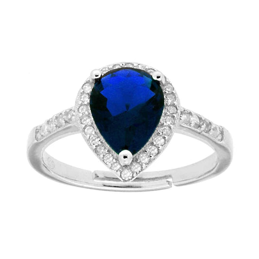 Anello Halo Solitario con Zircone a Goccia Blu Zaffiro contornato con Zirconi Bianchi in ARGENTO 925 Galvanica Rodio