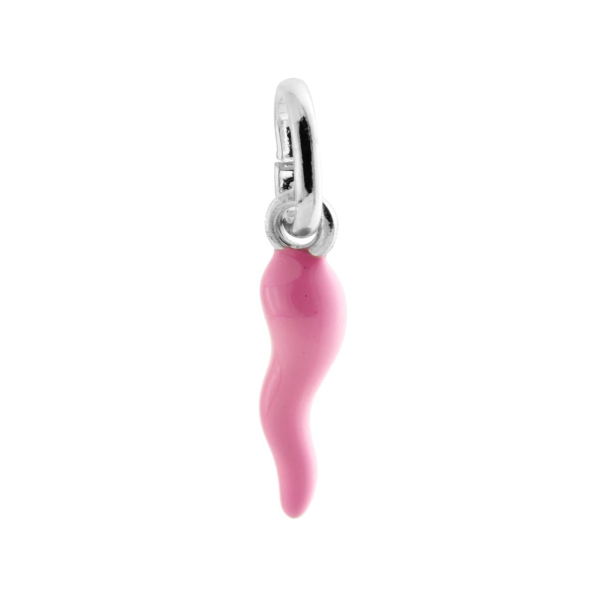 Ciondolo Portafortuna a forma di Cornetto con applicazione Smalto colore Rosa.<BR>Made in Italy