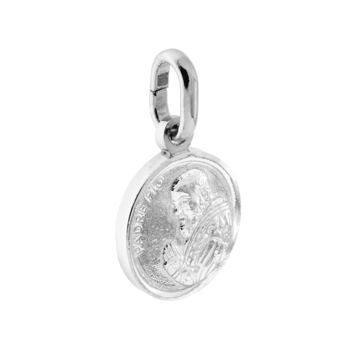 Ciondolo Medaglietta a forma tonda con al centro immagine in rilievo di Padre Pio.<BR>Made in Italy
