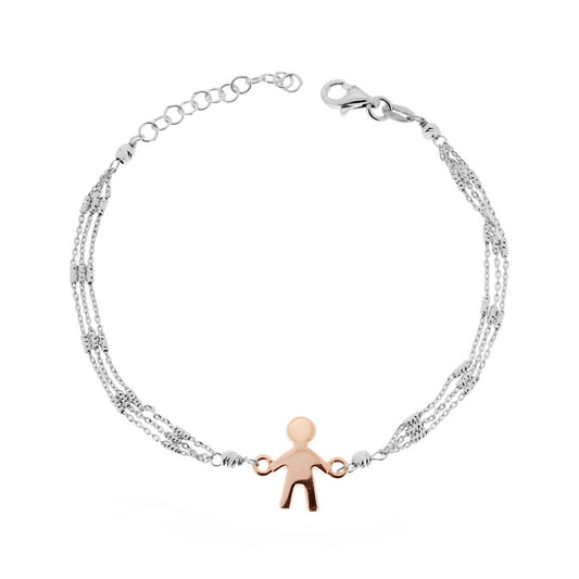 Bracciale tre fili con Palline diamantate e Bimbo colore Rosa in ARGENTO 925 Galvanica Rodio<BR>