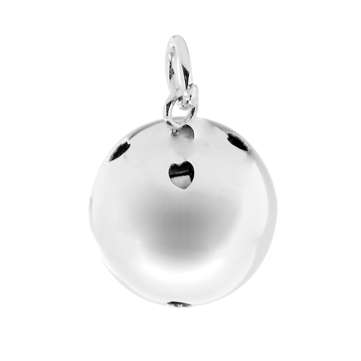 Ciondolo Chiama Angeli a forma Sferica con lavorazione Liscia e Lucida,con Cuoricini Traforati a giro nella parte superiore e inferiore, con Sonaglio interno.