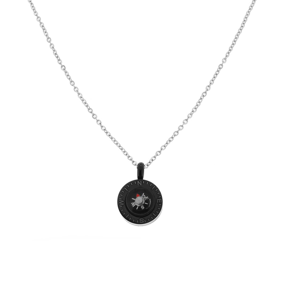 Collana con pendente Tondo Nero con accessorio Bussola in ACCIAIO