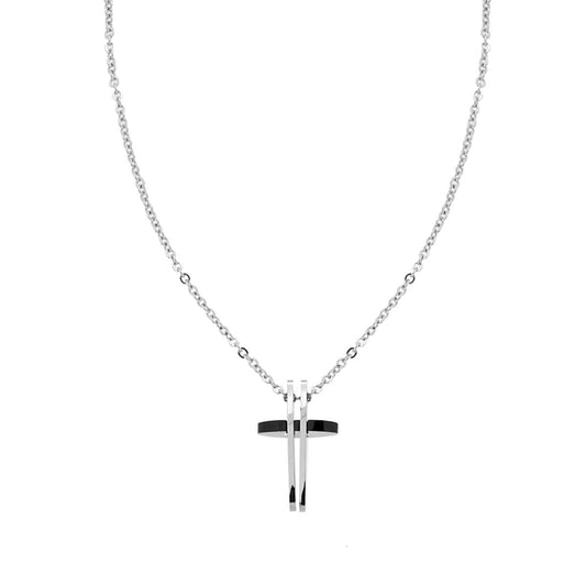 Collana Uomo Catena Forzatina Diamantata con Croce bicolore laccata Nera in ACCIAIO