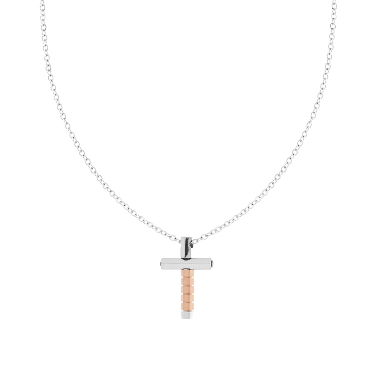 Collana Catena Forzatina con Croce Rosa in ACCIAIO