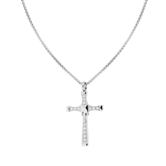 Collana Catena Veneziana tonda con Croce con Pendente e Crystal Bianchi in ACCIAIO