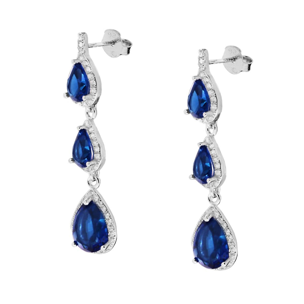 Orecchini Pendenti a Goccia con Zirconi Blu Zaffiro contornati con Zirconi Bianchi in ARGENTO 925 Galvanica Rodio