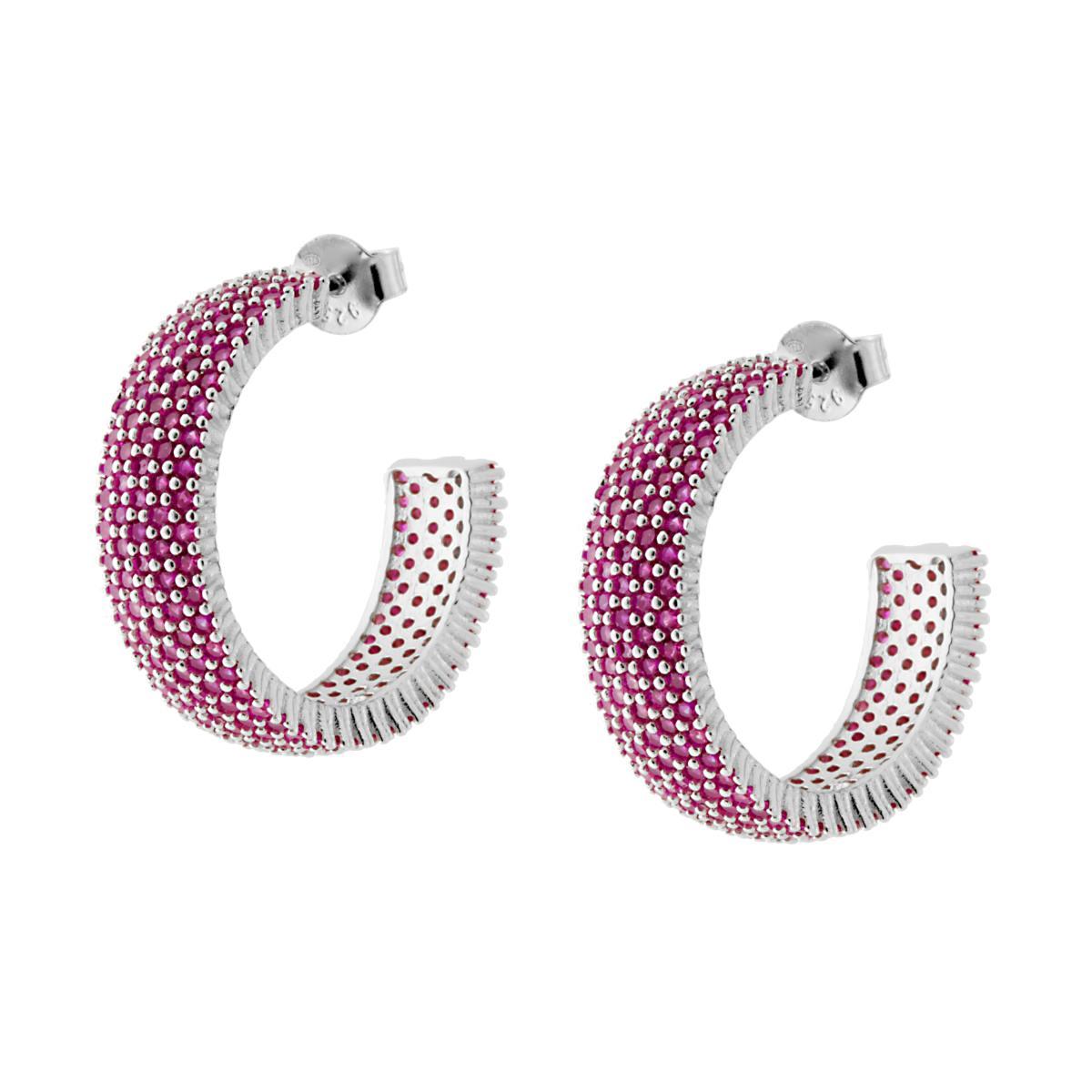 Orecchini Cerchio con Zirconi Rosso Rubino in ARGENTO 925 Galvanica Rodio