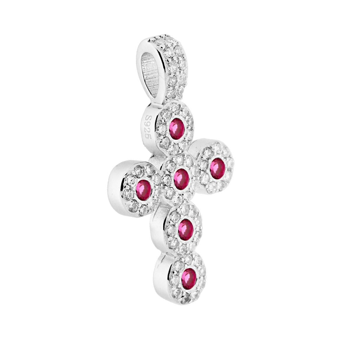 Ciondolo a forma di Croce Latina e Applicazioni di Zirconi Bianchi e Zirconi colore Rosso Rubino.