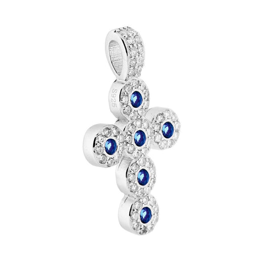 Ciondolo a forma di Croce Latina e Applicazioni di Zirconi Bianchi e Zirconi colore Blu Zaffiro.