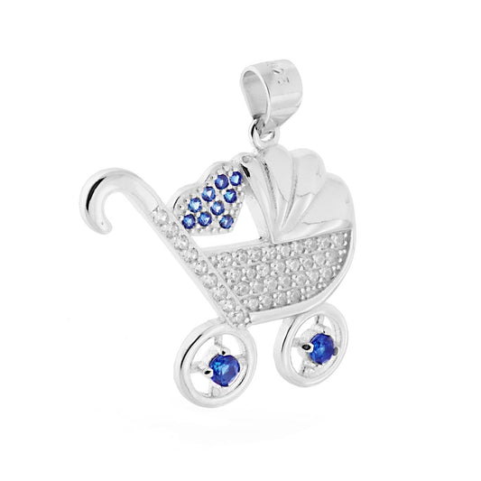 Ciondolo a forma di Carrozzina Passeggino per Bimbo con Zirconi incastonati colore Bianco e Cuore con Zirconi colore Blu Zaffiro.