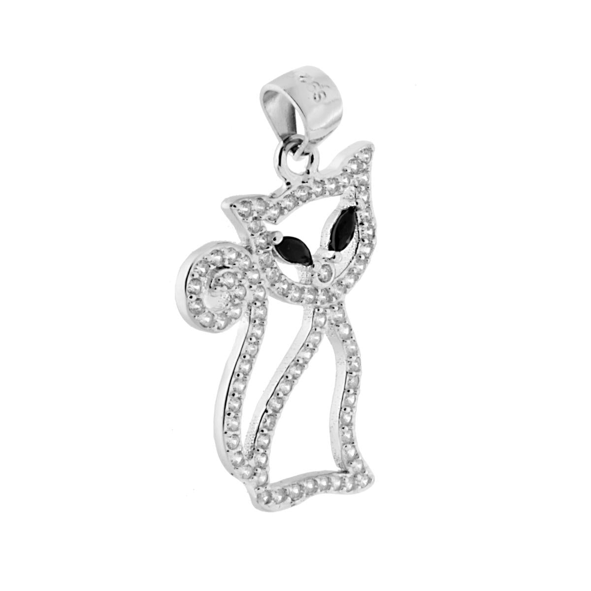 Ciondolo a forma di Gatto con Zirconi Bianchi e Occhi con Zirconi Neri.