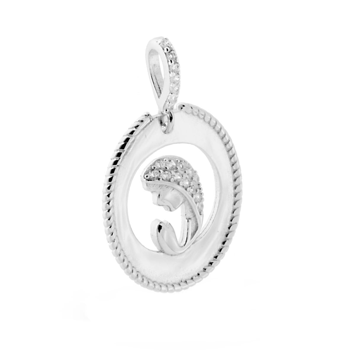 Ciondolo Medaglietta a forma ovale con al centro immagine della Madonna con Zirconi Bianchi sul velo.