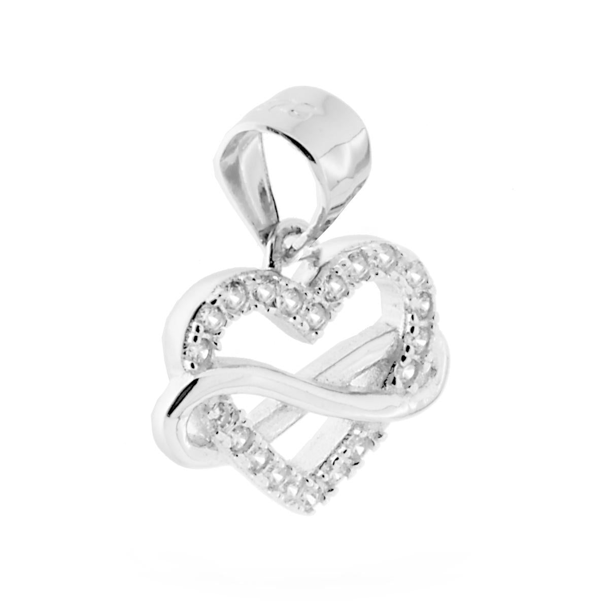 Ciondolo a forma di Cuore con Zirconi incastonati colore Bianco e Infinito con lavorazione Liscia e Lucida.