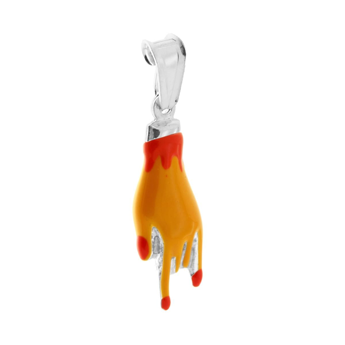 Ciondolo a forma di Mano con Corna con Applicazione Smalto colore Arancione.<BR>Made in Italy