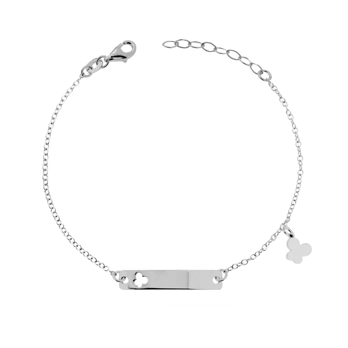 Bracciale Targa Bimbo Bimba con Catena Forzatina e Farfalla pendente in ARGENTO 925 Galvanica Rodio