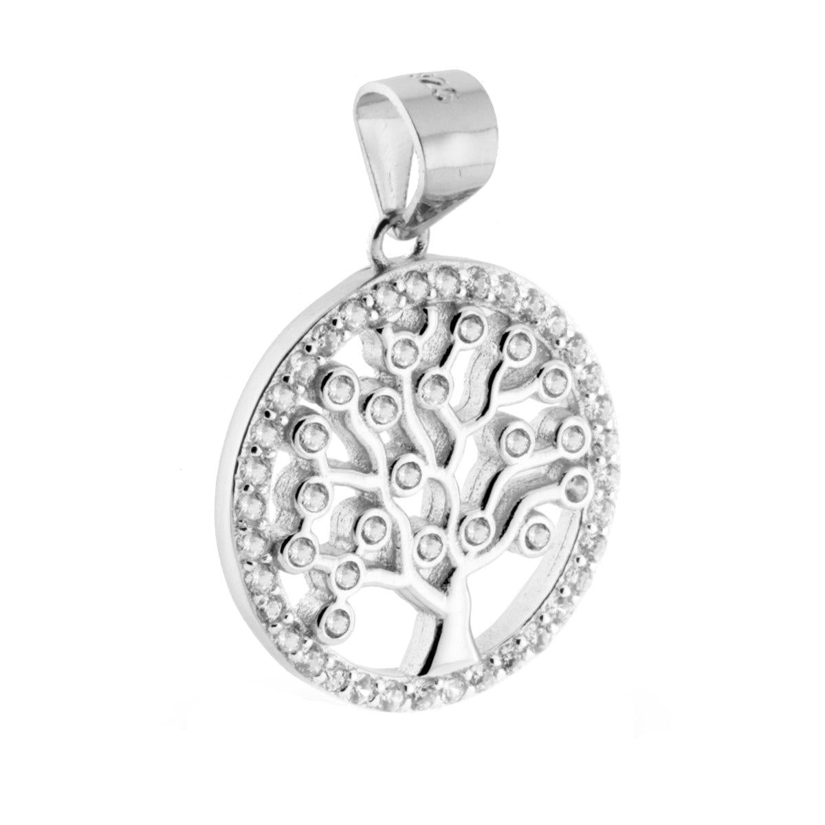 Ciondolo a forma di Albero della Vita con lavorazione Traforata, Liscia e Lucida. Ghera tonda attorno Albero con Zirconi Bianchi incastonati.<BR>Made in Italy