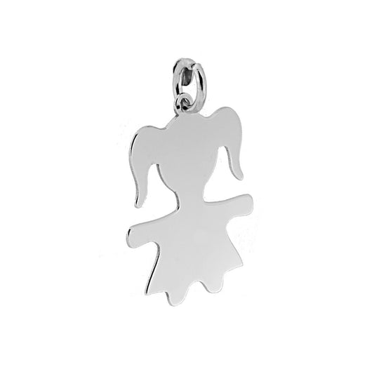 Ciondolo a forma di Bimba, con contromaglia apribile per inserire nella Catena per Collana e/o Bracciale.<BR>Lavorazione liscia e lucida.<BR>Made in Italy