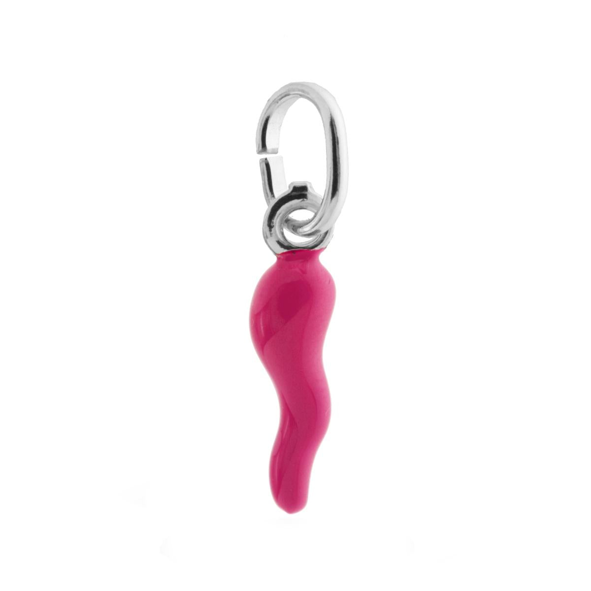 Ciondolo Portafortuna a forma di Cornetto con applicazione Smalto colore Fucsia.<BR>Made in Italy