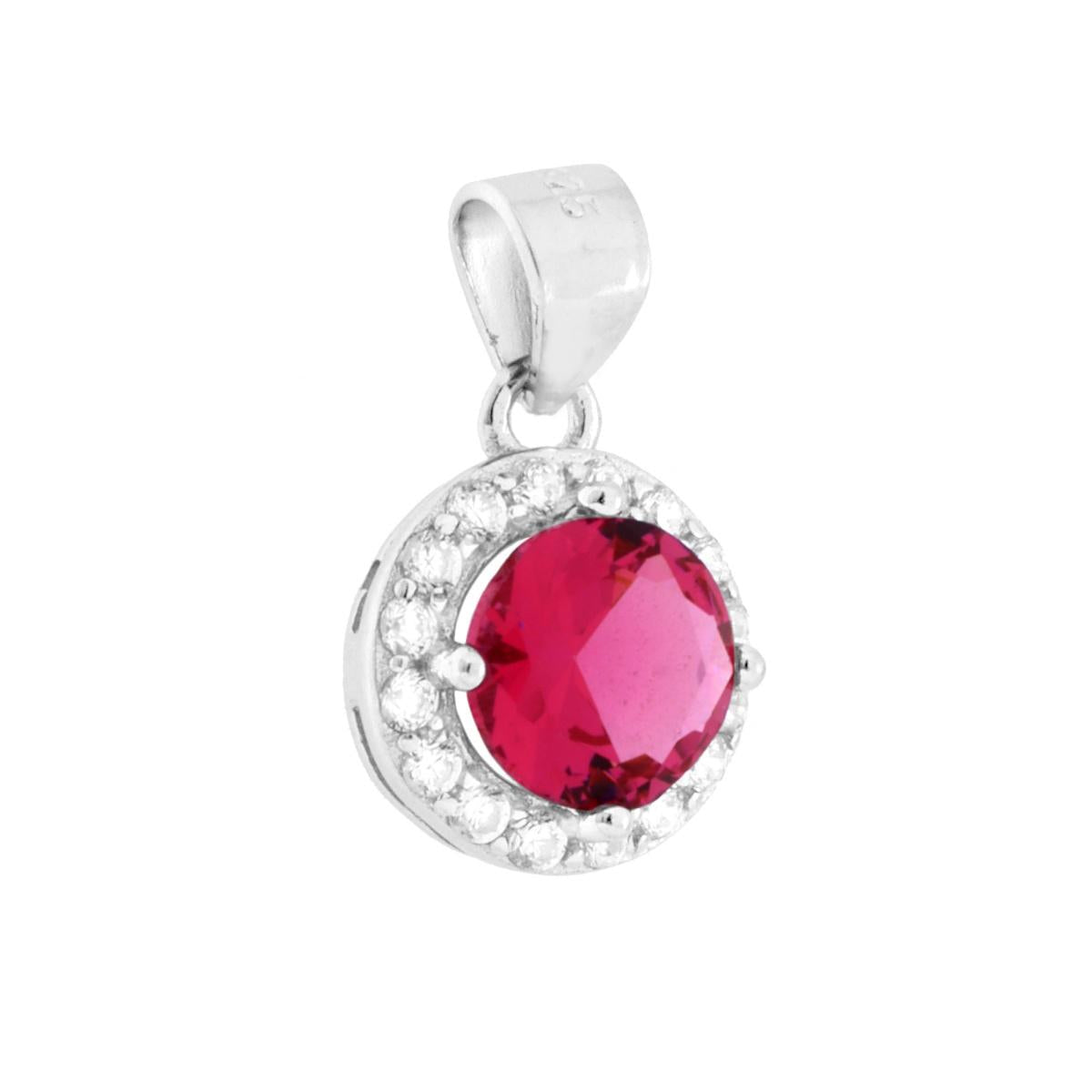 Ciondolo di forma Tonda con Cubic Zirconia Rosso Rubino e cubic zirconia bianchi incastonati intorno.