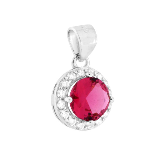 Ciondolo di forma Tonda con Cubic Zirconia Rosso Rubino e cubic zirconia bianchi incastonati intorno.