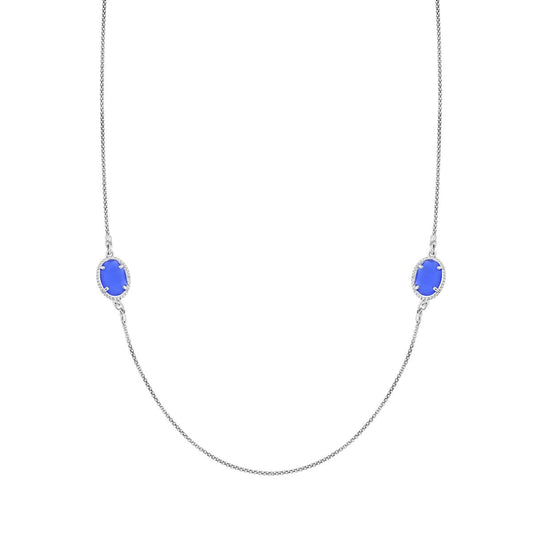 Collana Lunga Catena Coreana con Pietre Blu Ovali in ARGENTO 925 Galvanica Rodio