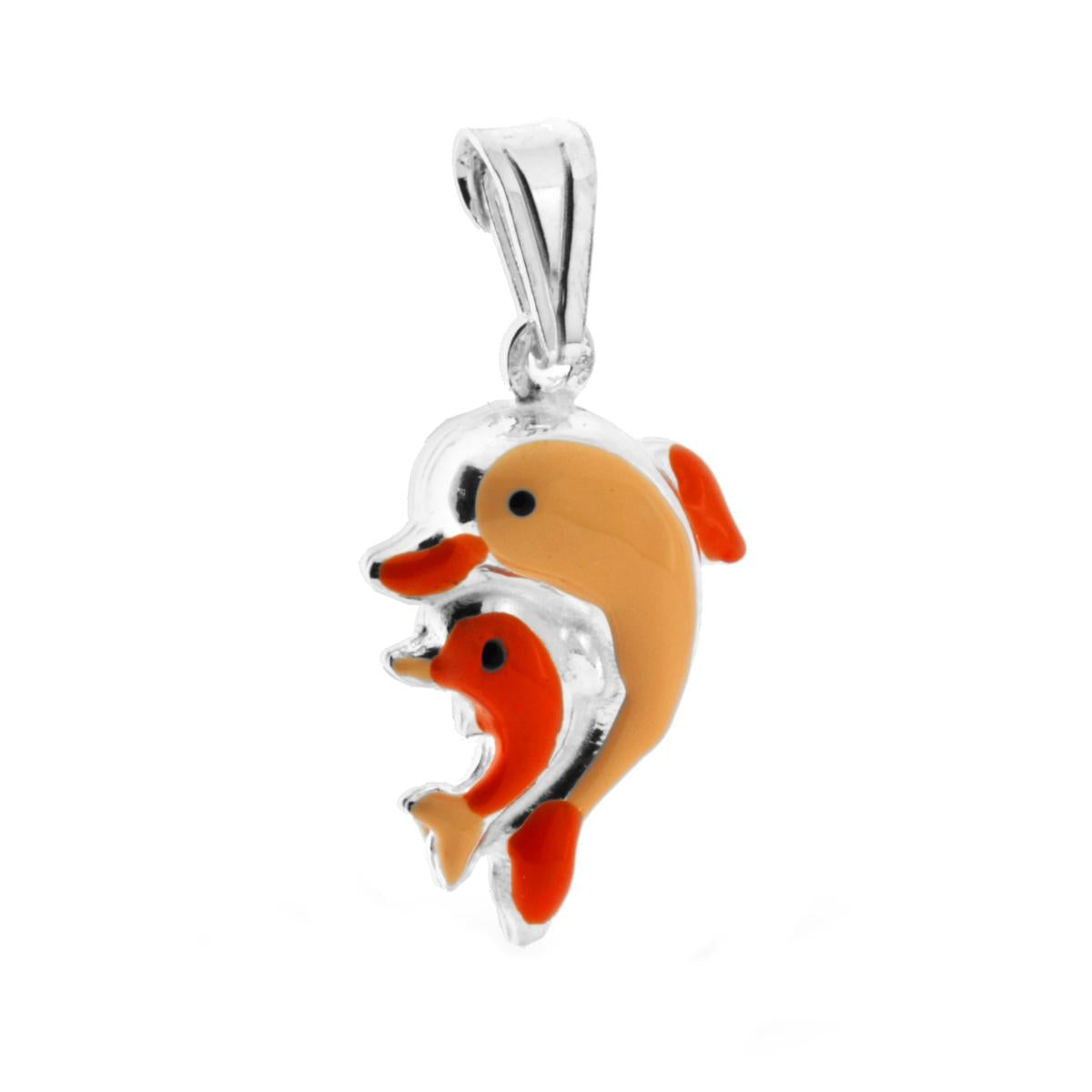 Ciondolo bombato, effetto tridimensionale, per Bimbo e Bimba, a forma di Delfini con applicazione smalt colore Arancione.<BR>Made in Italy