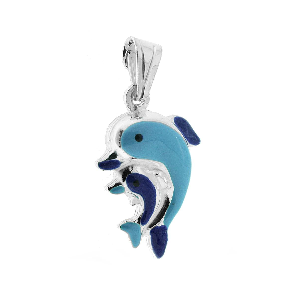 Ciondolo bombato, effetto tridimensionale, per Bimbo e Bimba, a forma di Delfini con applicazione smalt colore Azzurro.<BR>Made in Italy