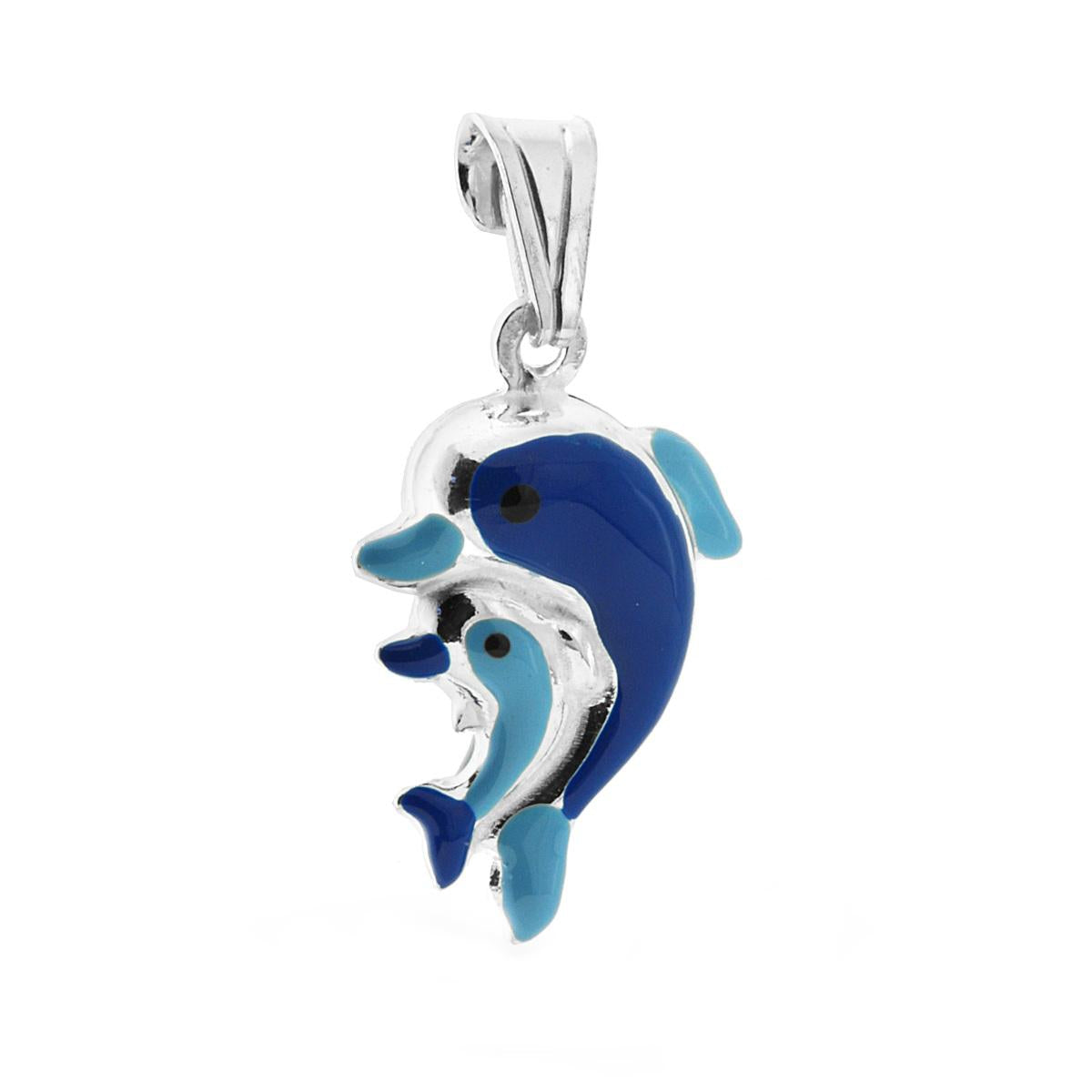 Ciondolo bombato, effetto tridimensionale, per Bimbo e Bimba, a forma di Delfini con applicazione smalt colore Blu.<BR>Made in Italy