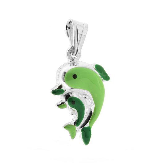 Ciondolo bombato, effetto tridimensionale, per Bimbo e Bimba, a forma di Delfini con applicazione smalt colore Verde.<BR>Made in Italy