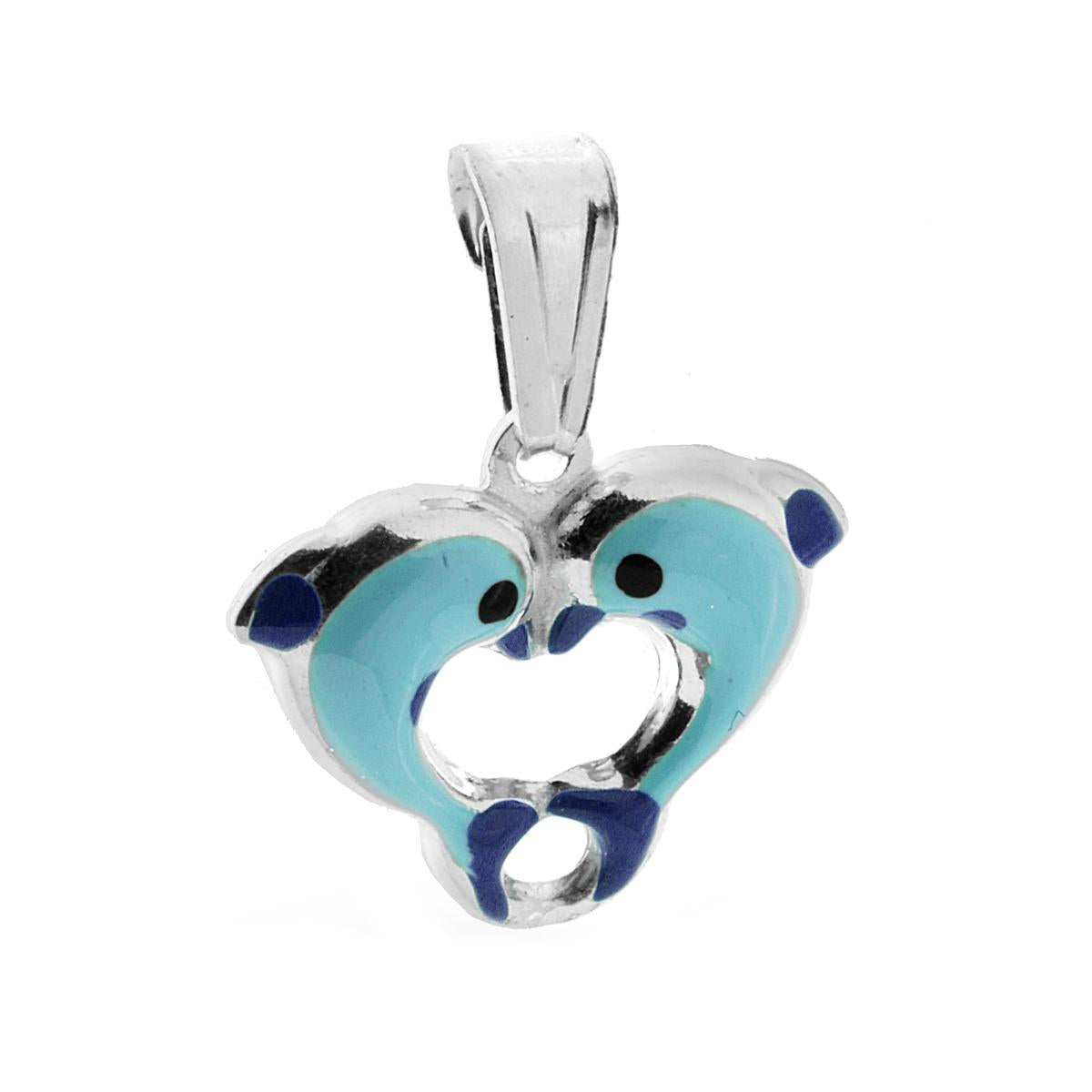 Ciondolo bombato, effetto tridimensionale, per Bimbo e Bimba, a forma di Delfini con applicazione smalt colore Azzurro.<BR>Made in Italy