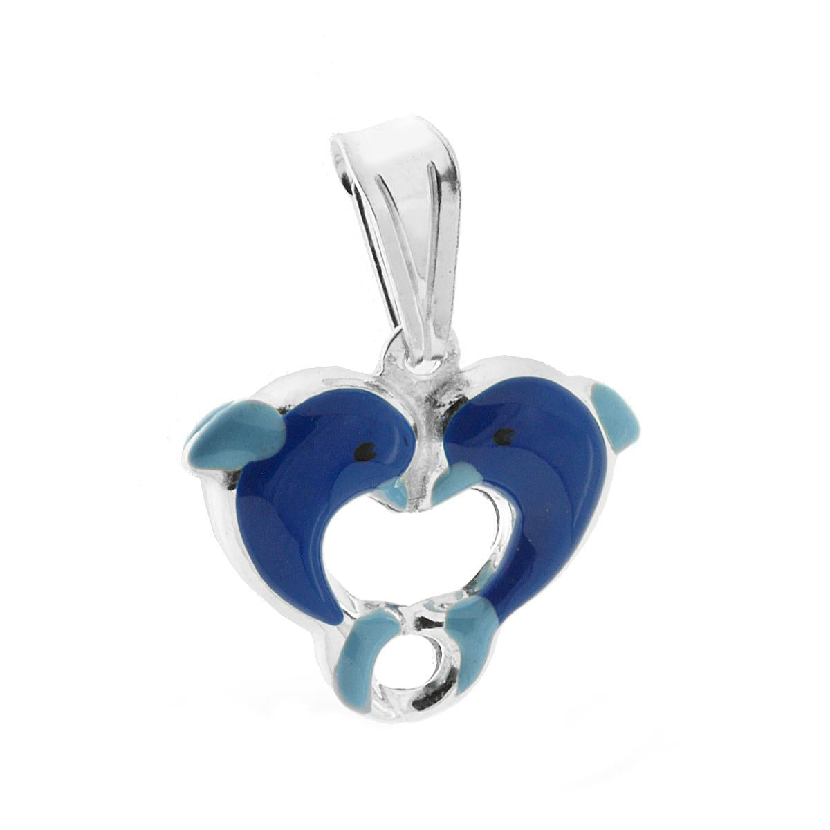 Ciondolo bombato, effetto tridimensionale, per Bimbo e Bimba, a forma di Delfini con applicazione smalt colore Blu.<BR>Made in Italy