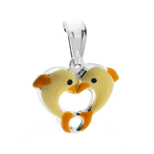 Ciondolo bombato, effetto tridimensionale, per Bimbo e Bimba, a forma di Delfini con applicazione smalt colore Giallo.<BR>Made in Italy