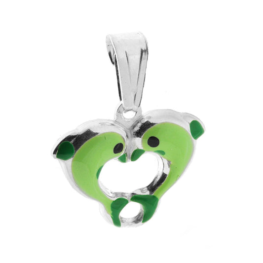 Ciondolo bombato, effetto tridimensionale, per Bimbo e Bimba, a forma di Delfini con applicazione smalt colore Verde.<BR>Made in Italy
