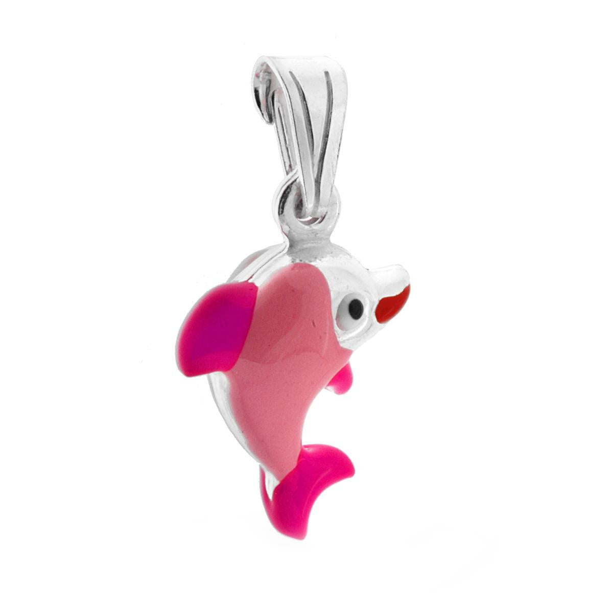 Ciondolo bombato, effetto tridimensionale, per Bimbo e Bimba, a forma di Delfino con applicazione smalt colore Rosa.<BR>Made in Italy