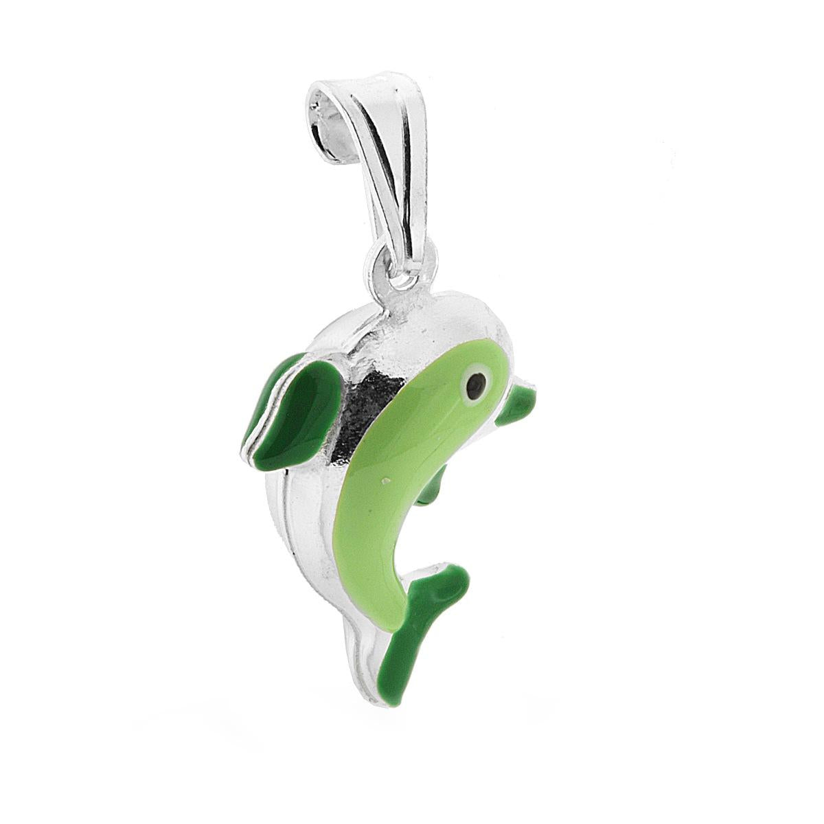 Ciondolo bombato, effetto tridimensionale, per Bimbo e Bimba, a forma di Delfino con applicazione smalt colore Verde.<BR>Made in Italy