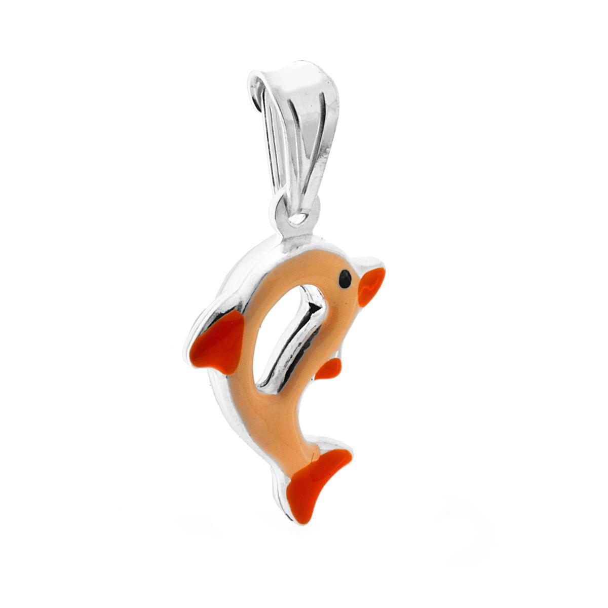 Ciondolo bombato, effetto tridimensionale, per Bimbo e Bimba, a forma di Delfino con applicazione smalt colore Arancione.<BR>Made in Italy