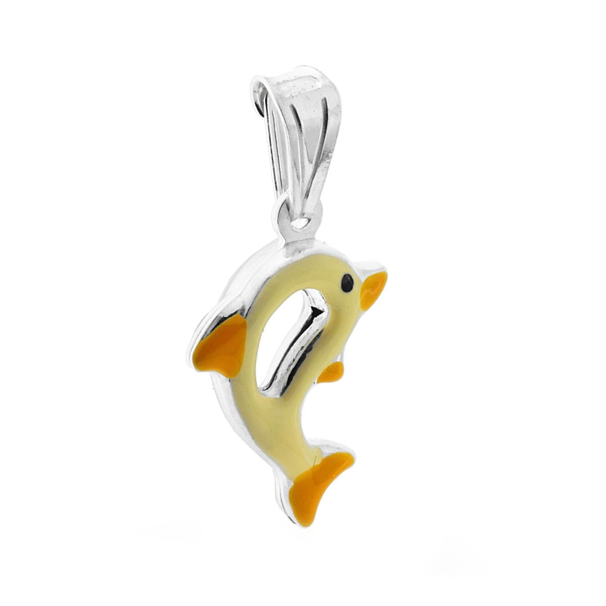 Ciondolo bombato, effetto tridimensionale, per Bimbo e Bimba, a forma di Delfino con applicazione smalt colore Giallo.<BR>Made in Italy