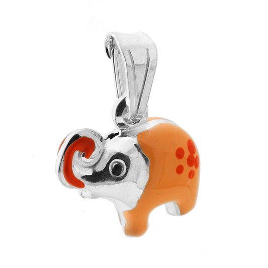 Ciondolo bombato, effetto tridimensionale, per Bimbo e Bimba, a forma di Elefante con applicazione smalt colore Arancione.<BR>Made in Italy