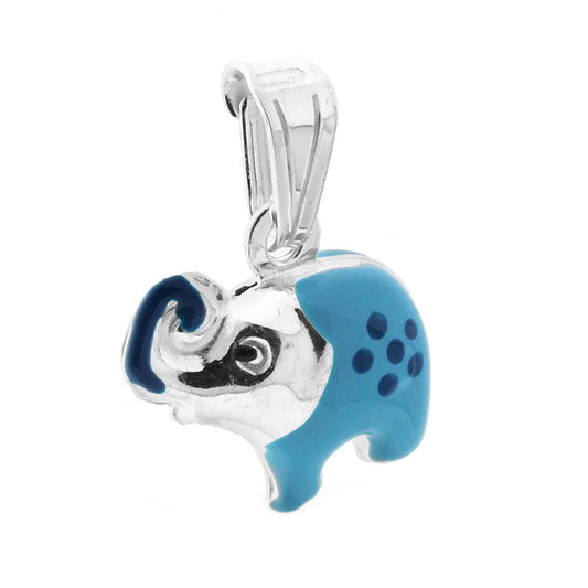Ciondolo bombato, effetto tridimensionale, per Bimbo e Bimba, a forma di Elefante con applicazione smalt colore Azzurro.<BR>Made in Italy