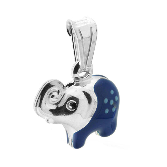 Ciondolo bombato, effetto tridimensionale, per Bimbo e Bimba, a forma di Elefante con applicazione smalt colore Blu.<BR>Made in Italy