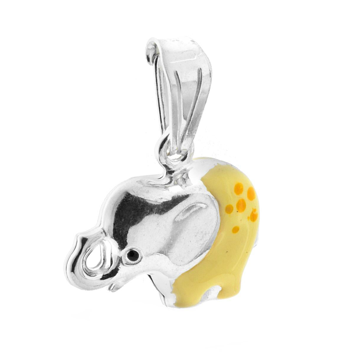 Ciondolo bombato, effetto tridimensionale, per Bimbo e Bimba, a forma di Elefante con applicazione smalt colore Giallo.<BR>Made in Italy