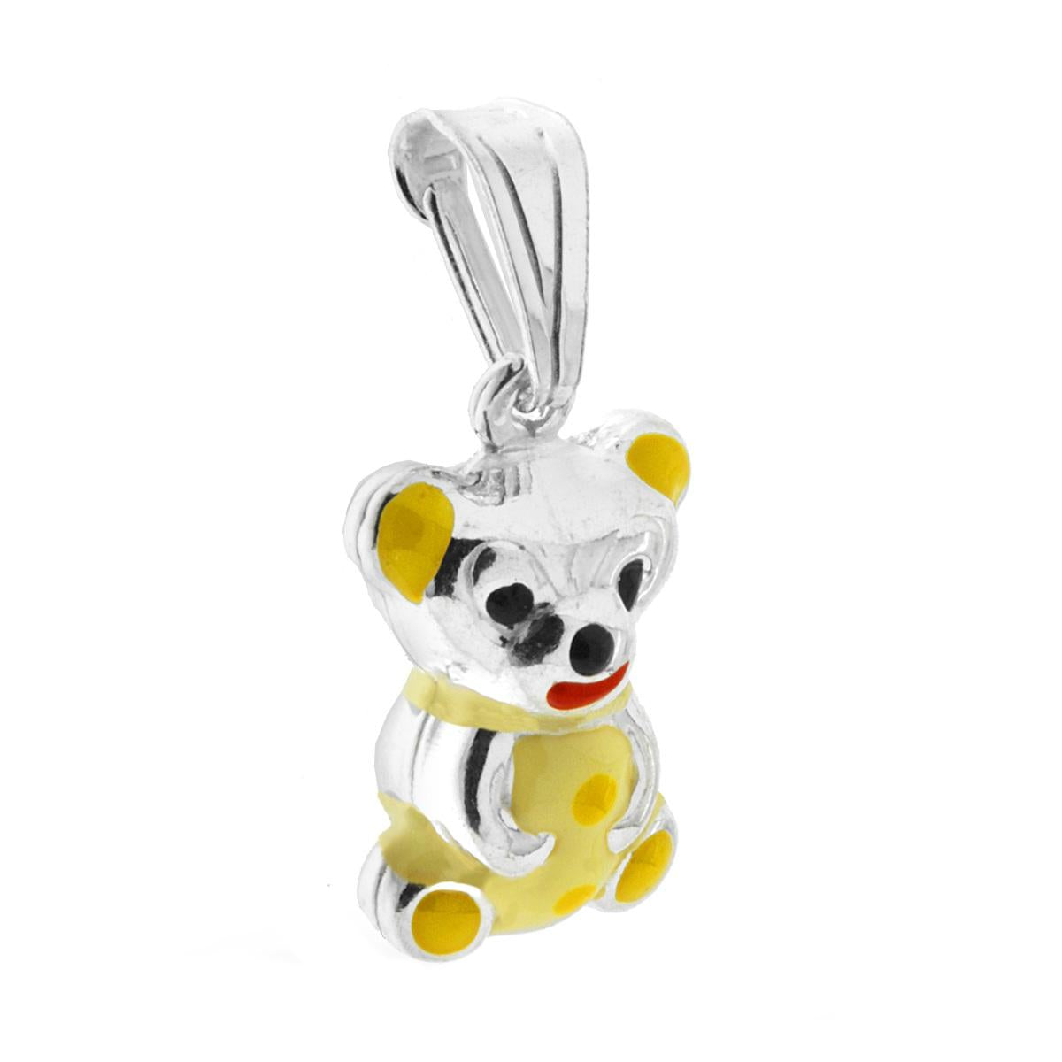 Ciondolo bombato, effetto tridimensionale, per Bimbo e Bimba, a forma di Orsetto con applicazione smalto colore Giallo.<BR>Made in Italy