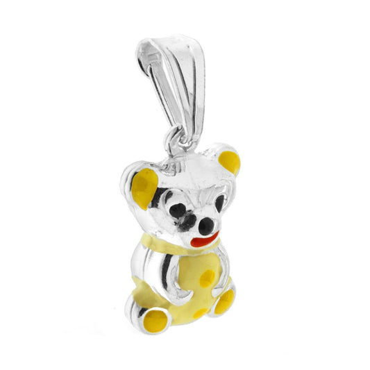 Ciondolo bombato, effetto tridimensionale, per Bimbo e Bimba, a forma di Orsetto con applicazione smalto colore Giallo.<BR>Made in Italy